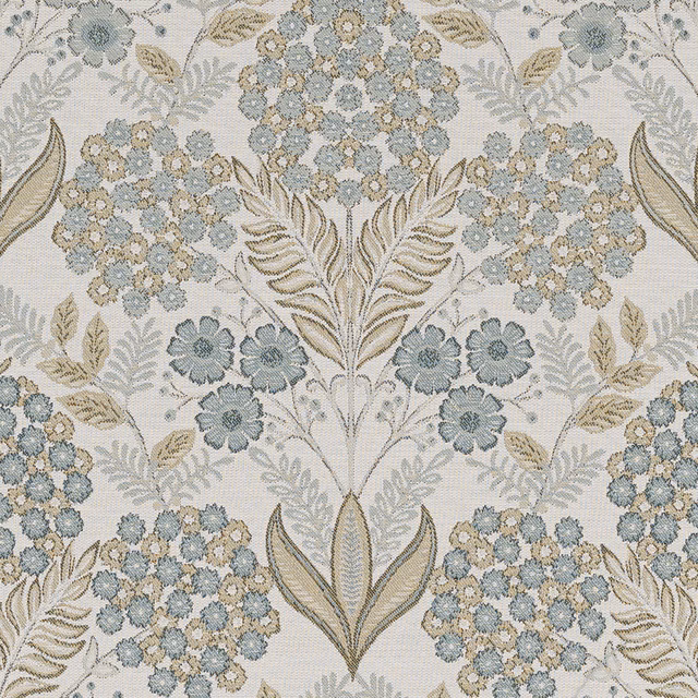 Close-up of a woven floral fabric in soft dove blue, beige and sage on a pale ground.