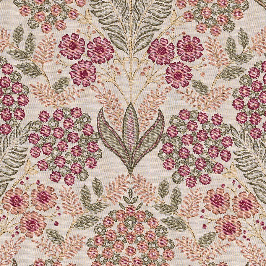 Floral woven fabric with raspberry pink blooms, sage leaves and pale ground