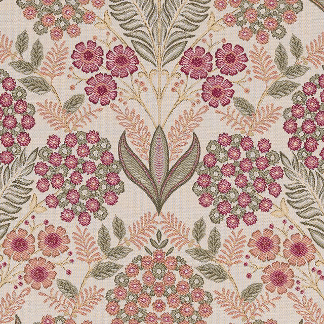 Floral woven fabric with raspberry pink blooms, sage leaves and pale ground