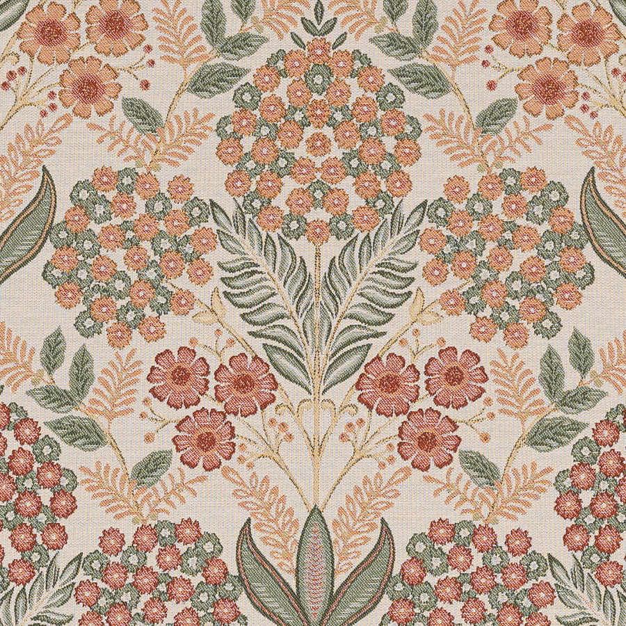 Cream woven fabric with terracotta and green floral botanical pattern