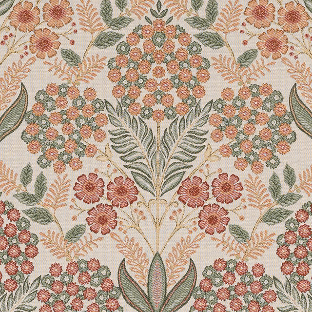 Cream woven fabric with terracotta and green floral botanical pattern