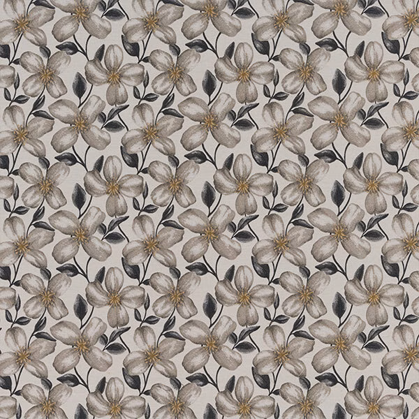 Stone-toned floral fabric with taupe petals and dark leafy stems