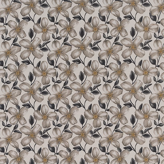 Stone-toned floral fabric with taupe petals and dark leafy stems