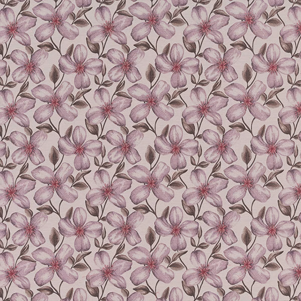 Pale floral fabric with soft mauve pink flowers and brown stems on a light ground