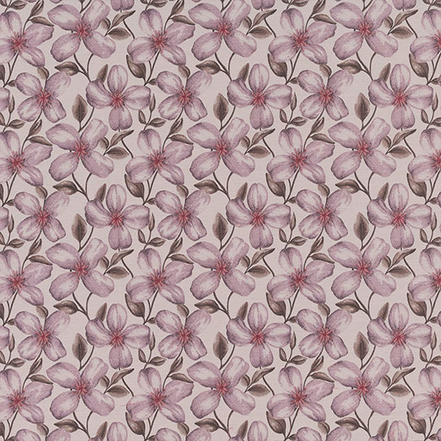 Pale floral fabric with soft mauve pink flowers and brown stems on a light ground