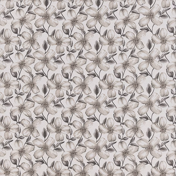 Soft dove-grey floral fabric with muted taupe leaves and pale background