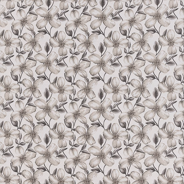 Soft dove-grey floral fabric with muted taupe leaves and pale background