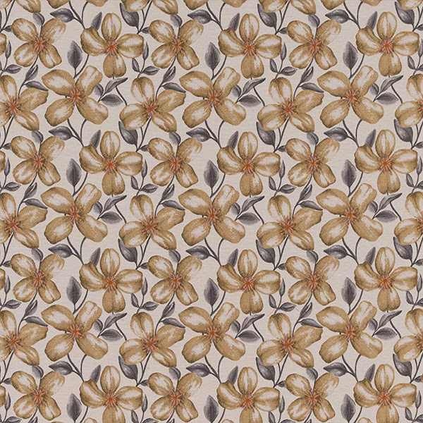 Ochre floral fabric with grey leaves on a pale ground