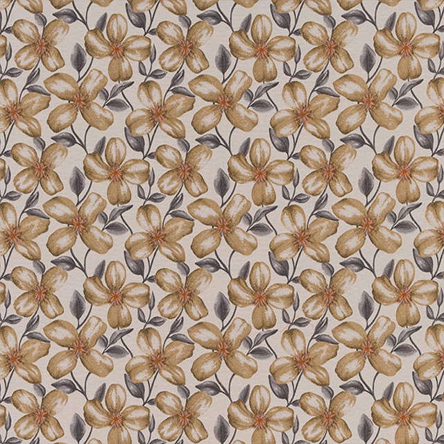 Ochre floral fabric with grey leaves on a pale ground