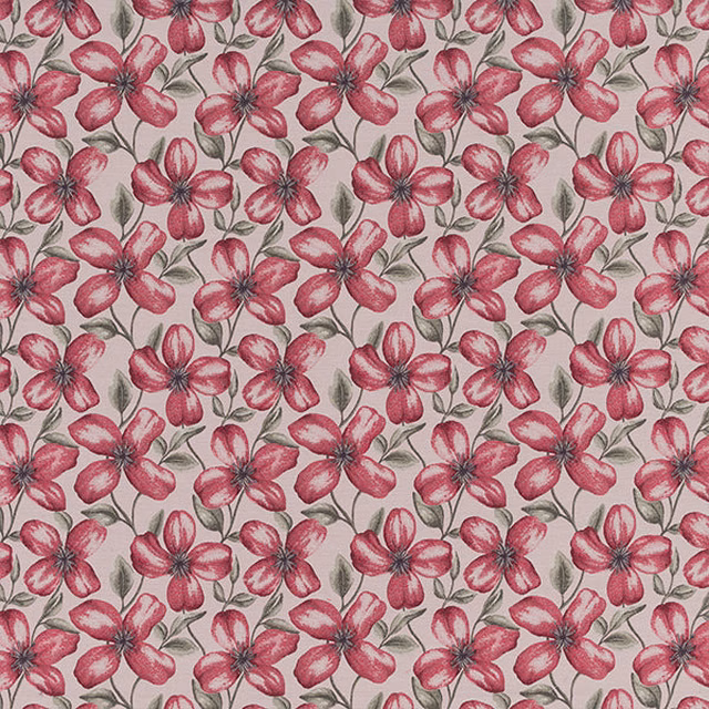 Pink painterly floral fabric on a pale ground with grey-green leaves