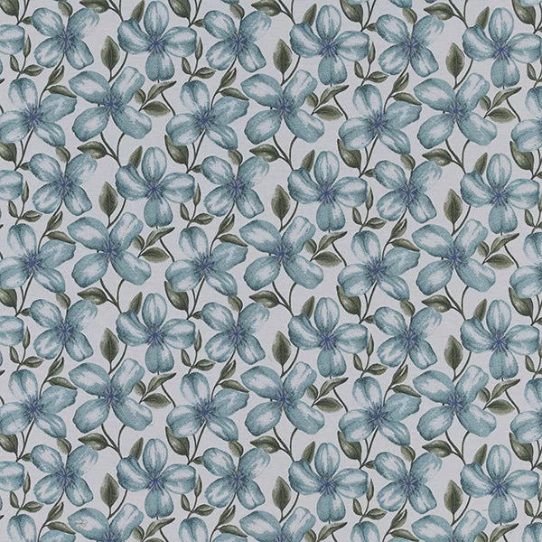 Seafoam blue-green floral fabric with olive leaves on a pale ground