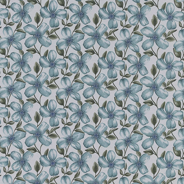 Seafoam blue-green floral fabric with olive leaves on a pale ground