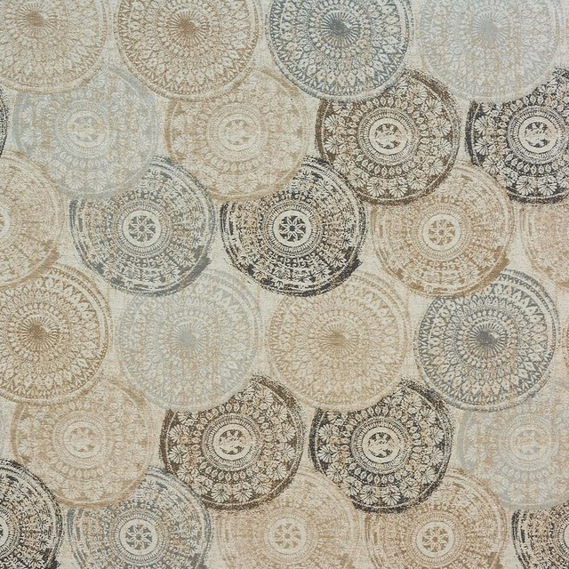 Soft dove grey fabric with overlapping circular medallion motifs and faded texture
