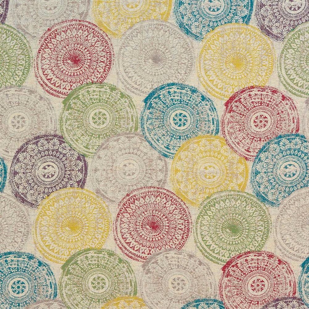 Multi-coloured circular medallion fabric swatch with soft woven texture