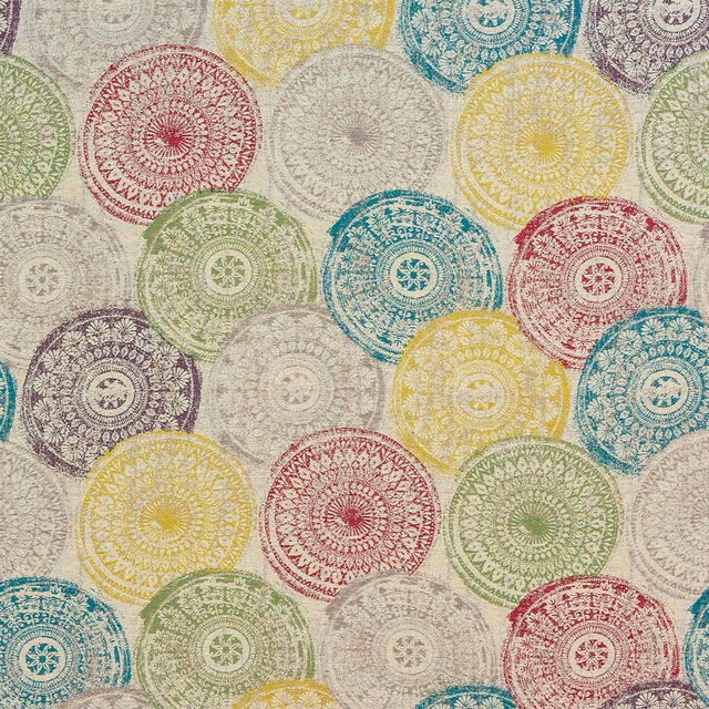 Multi-coloured circular medallion fabric swatch with soft woven texture