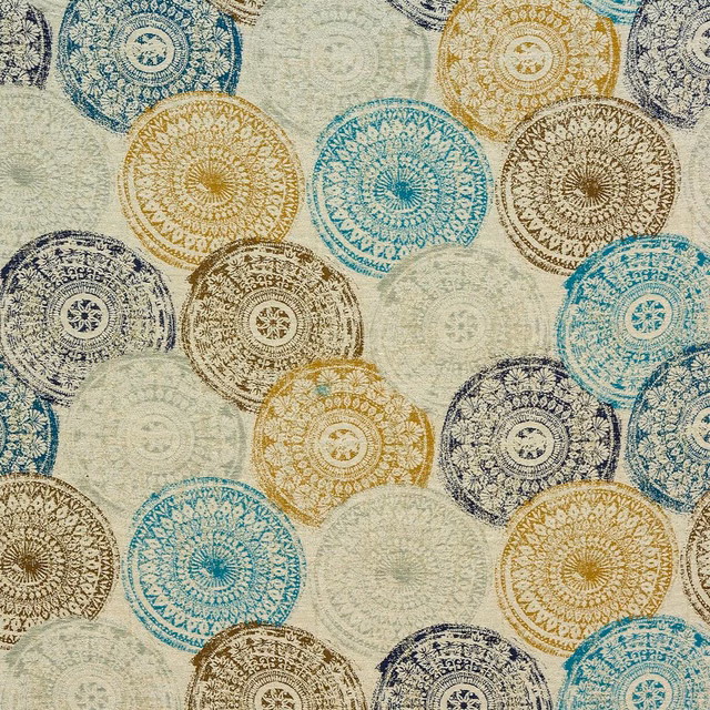 Teal, cream and gold circular medallion fabric with a textured weave