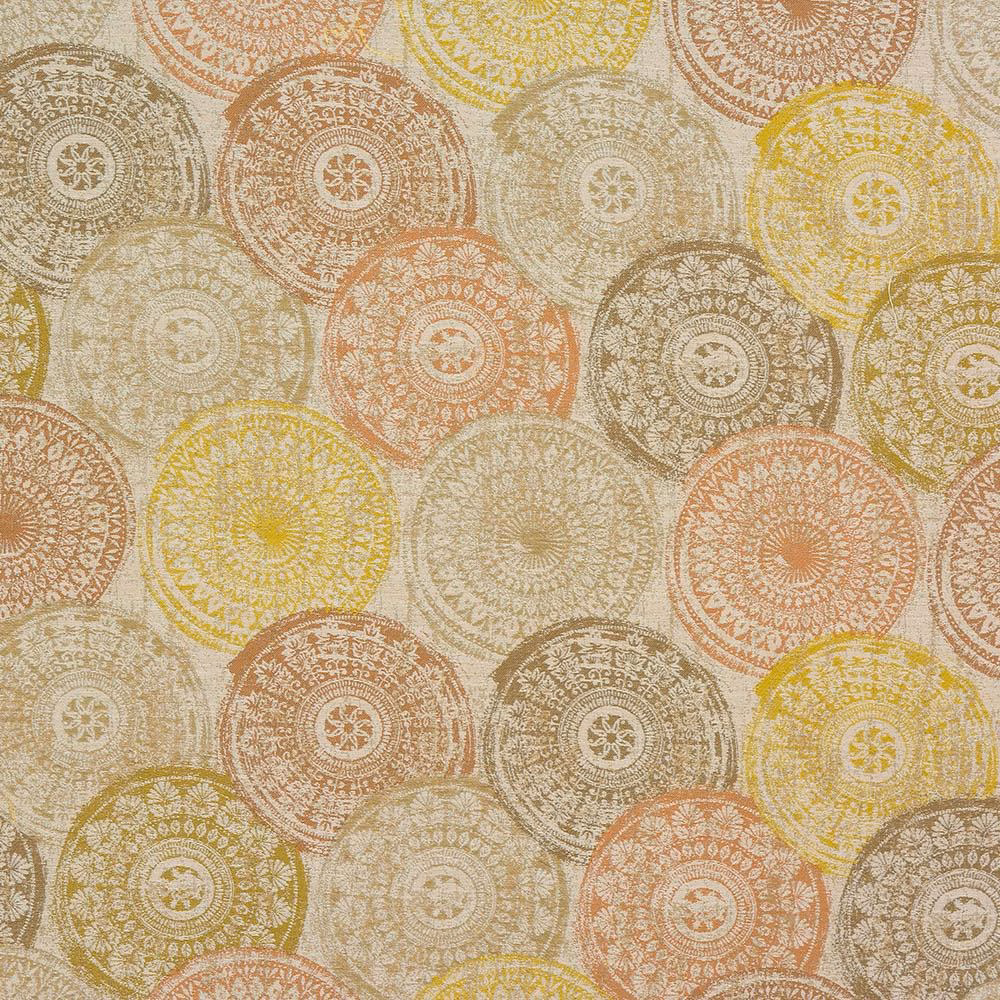 Terracotta and gold circular medallion fabric on a pale textured ground