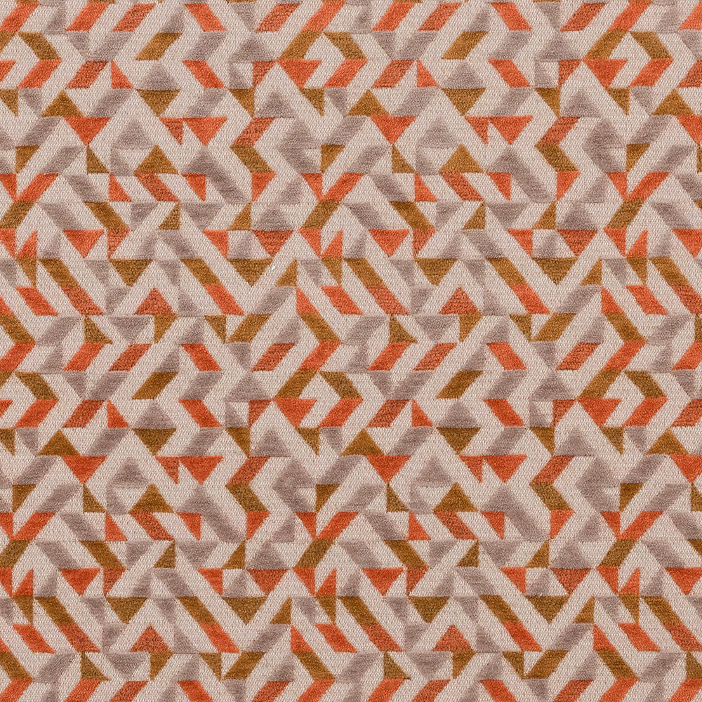 Close-up of amber, coral and taupe geometric woven fabric swatch