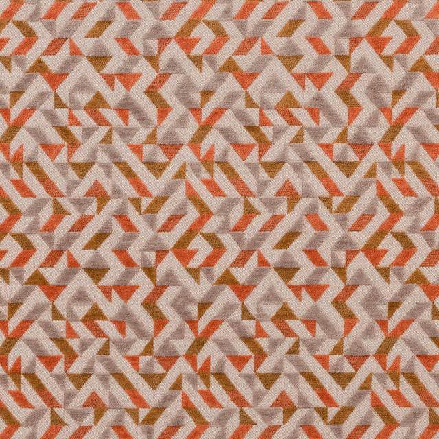 Close-up of amber, coral and taupe geometric woven fabric swatch