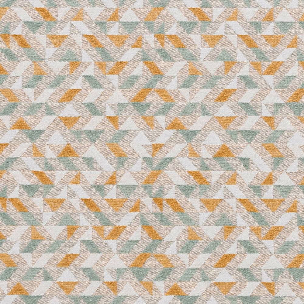 Small geometric fabric with aqua, ochre and ivory zigzag triangles