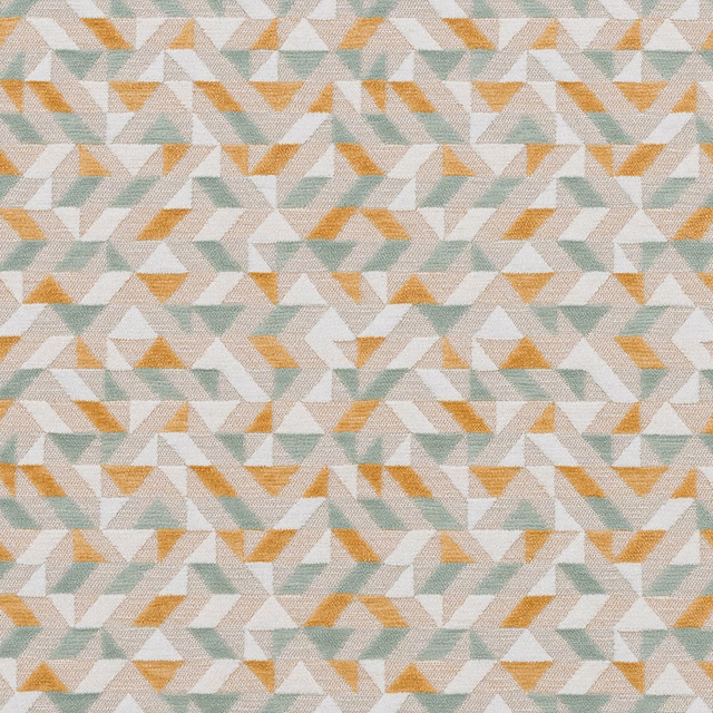 Small geometric fabric with aqua, ochre and ivory zigzag triangles