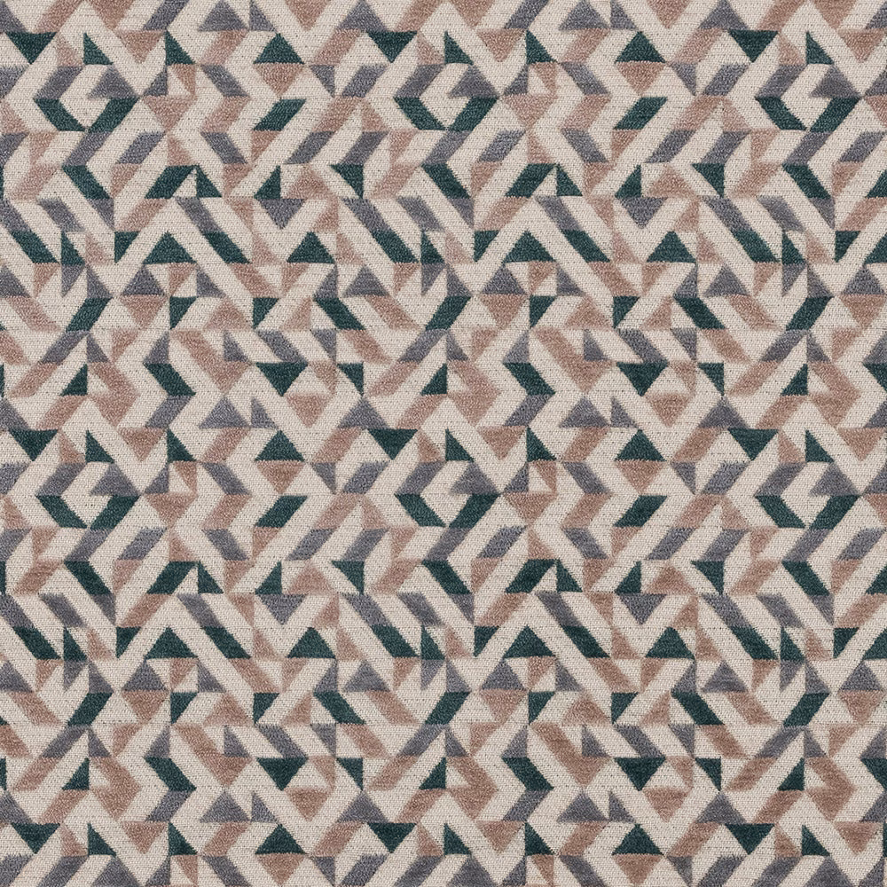 Close-up of a small geometric woven fabric in forest green, blush and stone tones
