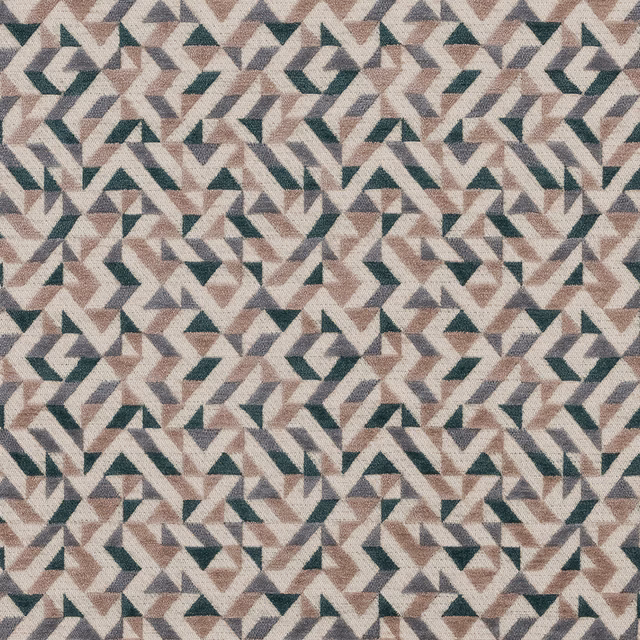 Close-up of a small geometric woven fabric in forest green, blush and stone tones
