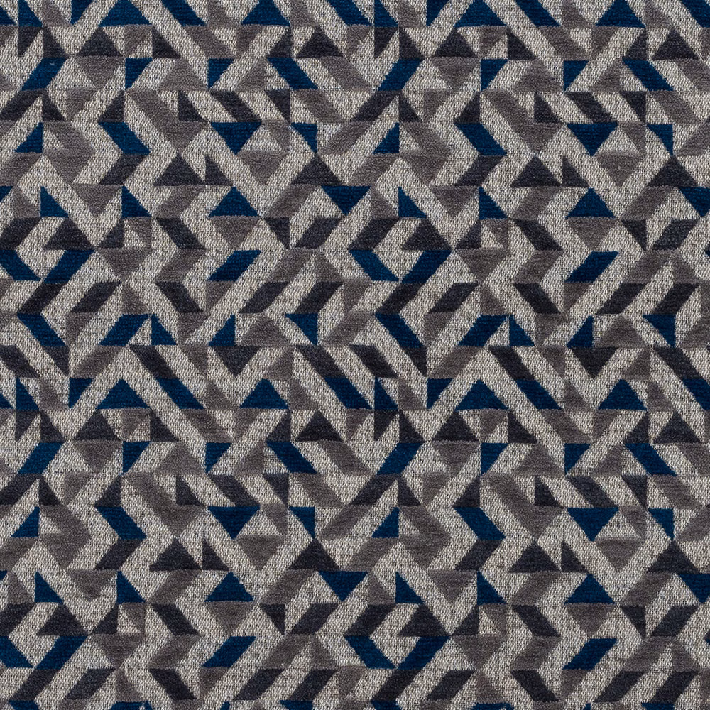 Geometric fabric swatch with indigo, grey and pale grey triangles
