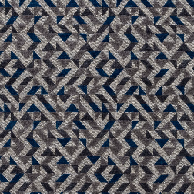 Geometric fabric swatch with indigo, grey and pale grey triangles