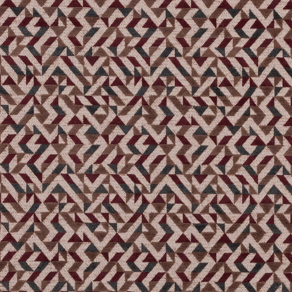 Geometric fabric swatch in mulberry, taupe and cream with small angular pattern