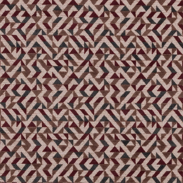 Geometric fabric swatch in mulberry, taupe and cream with small angular pattern