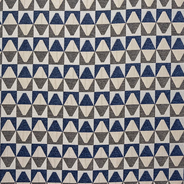 Geometric triangle fabric swatch in indigo, stone and grey woven cotton