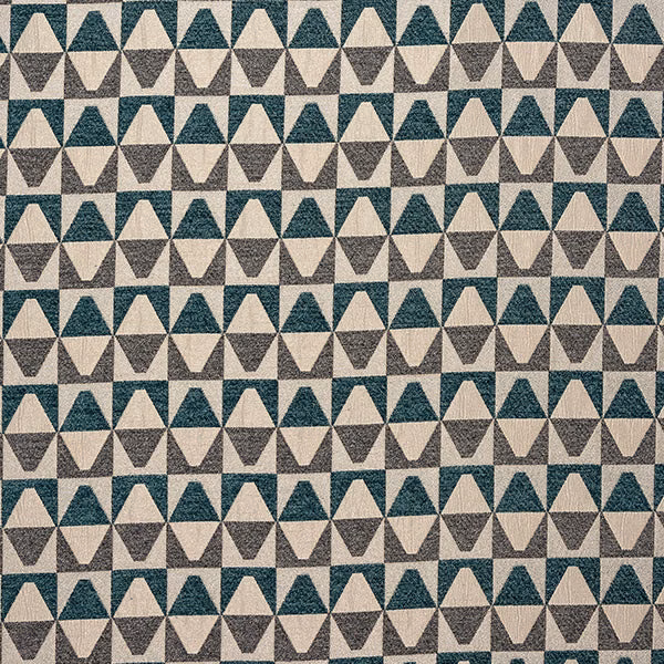 Small repeating triangle pattern in teal, cream and grey cotton fabric
