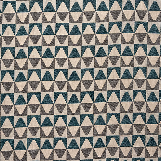 Small repeating triangle pattern in teal, cream and grey cotton fabric