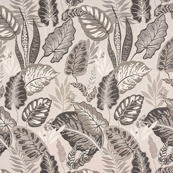 Soft dove grey botanical fabric with large layered leaf motif