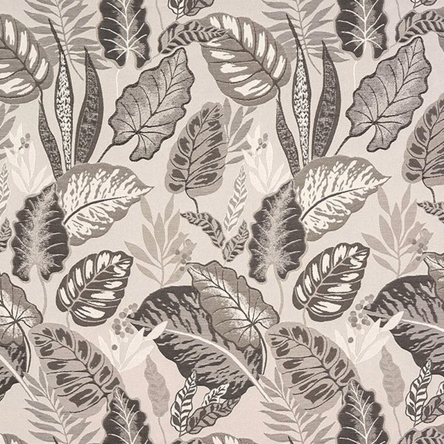 Soft dove grey botanical fabric with large layered leaf motif