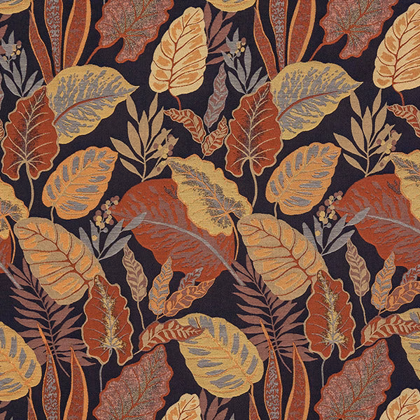 Large botanical fabric with rust, gold and sage leaves on a deep indigo ground