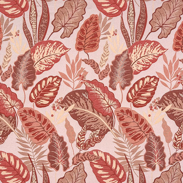 Large botanical leaf print in blush, terracotta and berry red on a pale ground