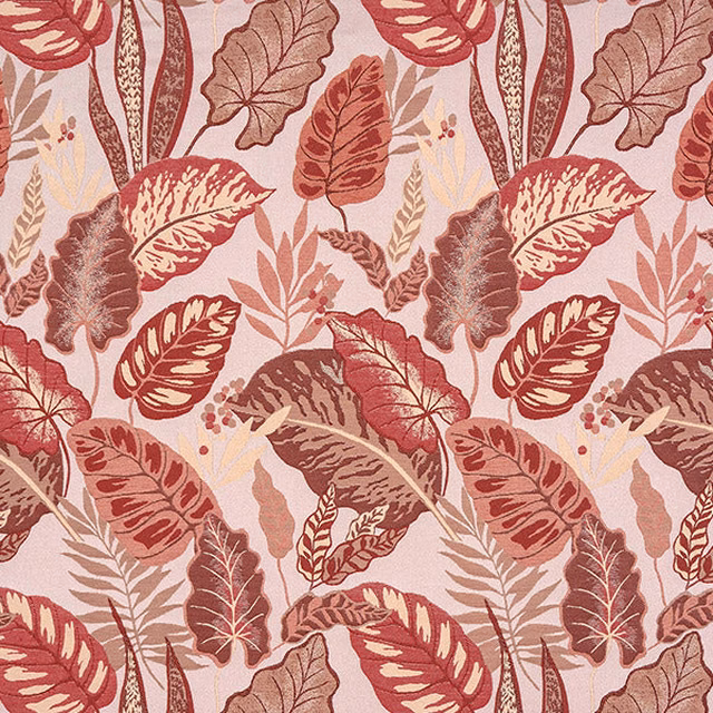 Large botanical leaf print in blush, terracotta and berry red on a pale ground