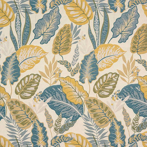 Leaf print fabric in teal, mustard and olive on a pale ground