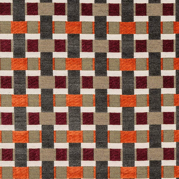 Geometric woven fabric with burnt orange, berry, taupe and charcoal blocks on a light ground