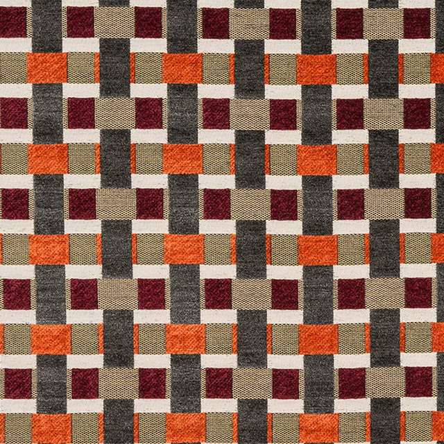 Geometric woven fabric with burnt orange, berry, taupe and charcoal blocks on a light ground