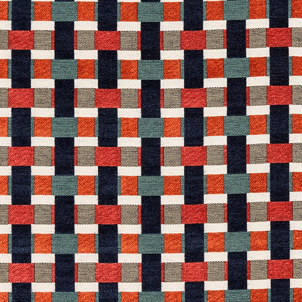 Geometric woven fabric with indigo, coral, teal and cream blocks