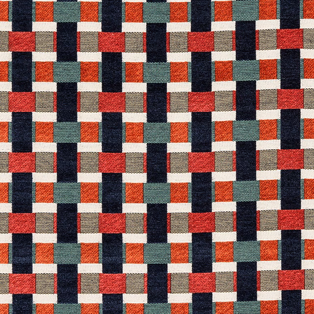 Geometric woven fabric with indigo, coral, teal and cream blocks