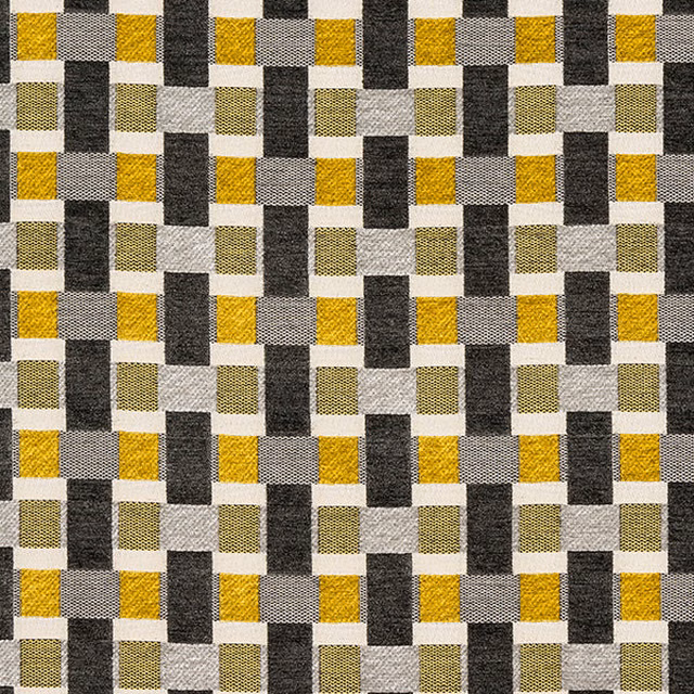 Woven geometric fabric in ochre, charcoal, stone and ivory rectangular blocks