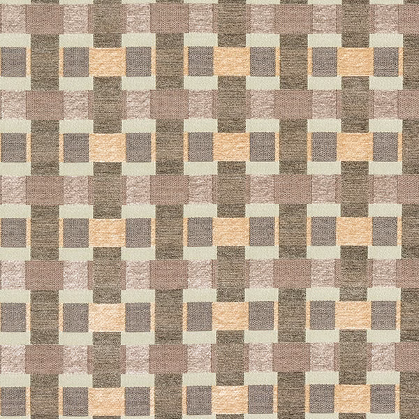 Mosaic-style woven fabric in seafoam green, taupe and beige geometric blocks