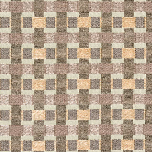 Mosaic-style woven fabric in seafoam green, taupe and beige geometric blocks