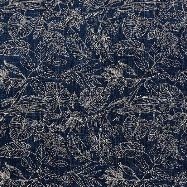 Indigo botanical fabric with pale leaf outlines and textured woven ground