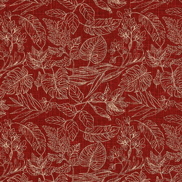 Deep rust red botanical fabric with fine pale leaf and fern outlines