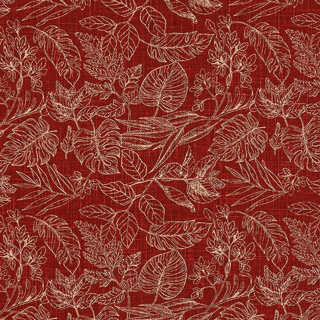 Deep rust red botanical fabric with fine pale leaf and fern outlines